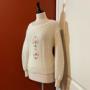 Danik of California Women’s Vintage Open Weave Ivory Floral‎ Knitted Sweater
